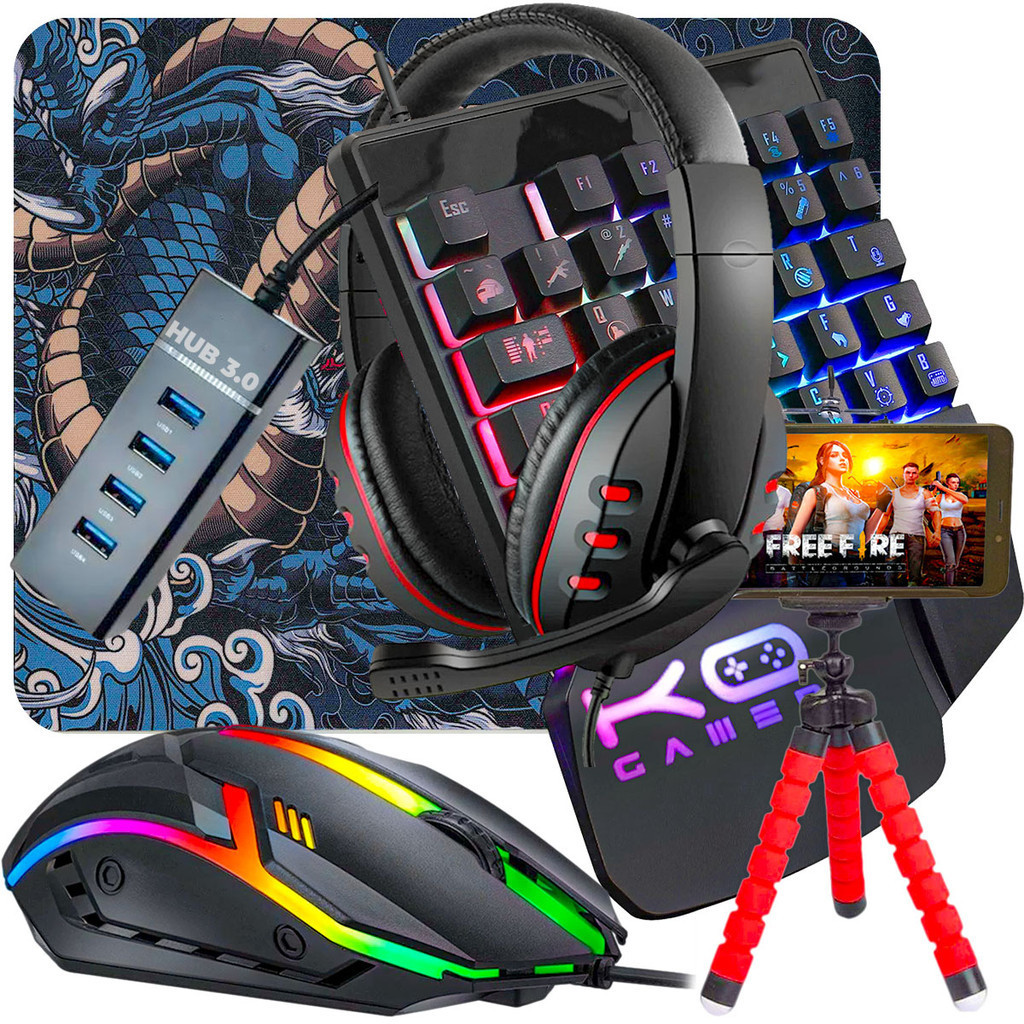 Kit Mobilador Gamer Com Headset e Microfone Teclado Single hand Mouse 1600dpi com Hub 3.0