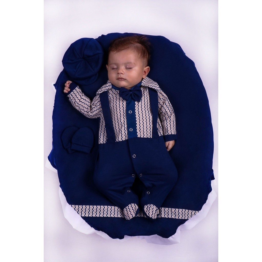 Saida de Maternidade Para Bebe Menino Marinho Suspensório Branco 04 peças Igor Roupas Para Bebê 12