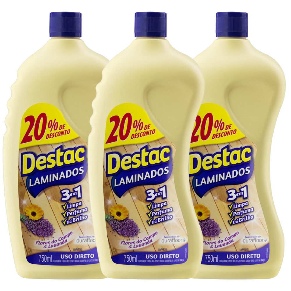 Kit com 3 Limpadores de Pisos Laminados Destac 750ml - Home & Living