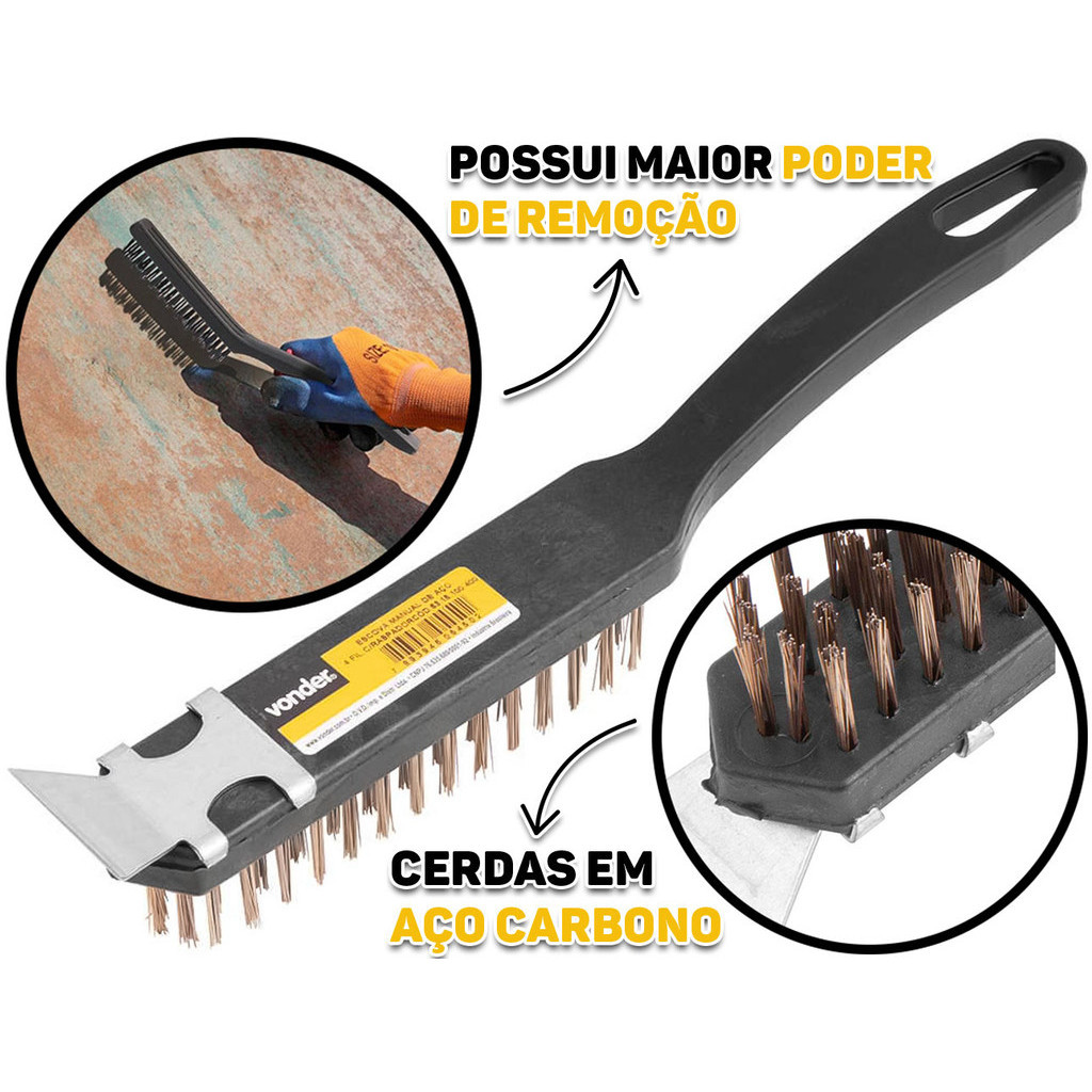 Escova Manual Com Cerdas Em Aço Polido Cabo Plástico E Raspador Para Limpezas Em Geral Vonder em Oferta na Shopee