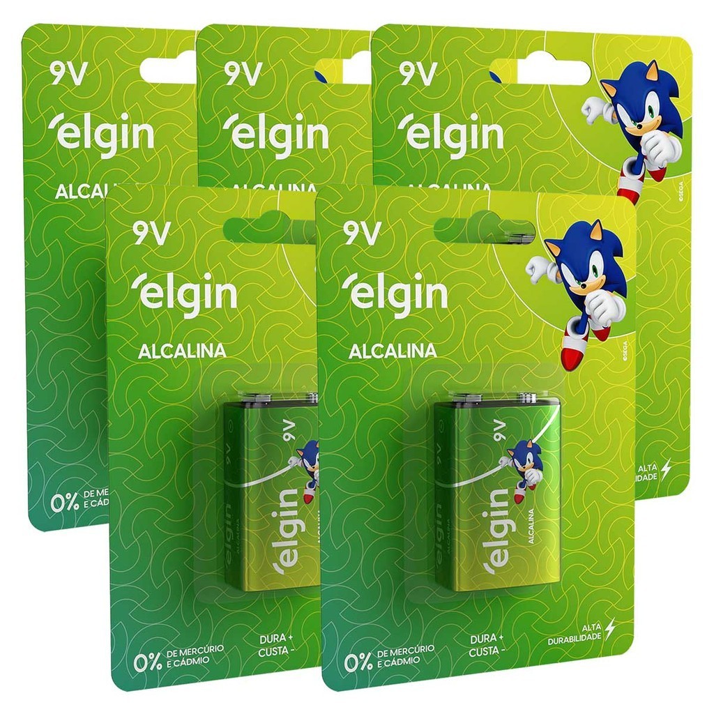 Pilha Alcalina 9V Elgin Bateria 9 Volts 6LR61 6F22 kit 5 unidades em Oferta na Shopee