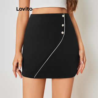 Lovito Elegante Saia Feminina Lisa Assimétrica com Pérolas e Costura Contrastante LBL08338