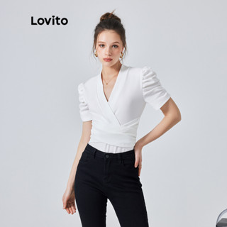 Lovito Elegante Body Básico com Amarração Cruzada e Babados para Mulheres L74ED095 (Branco/Preto)