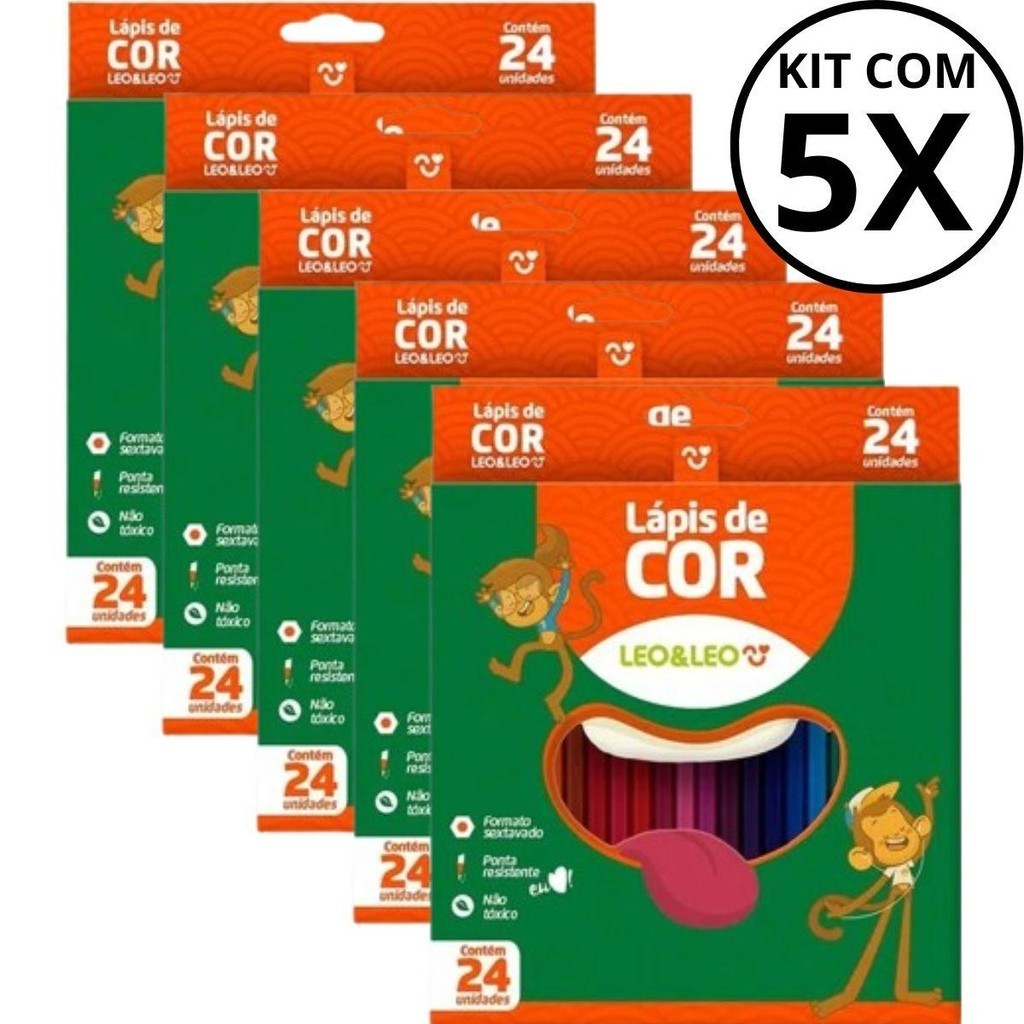 Kit Com 05 Caixa De Lápis De Cor LEO&LEO Com 24 Cores - LEONORA