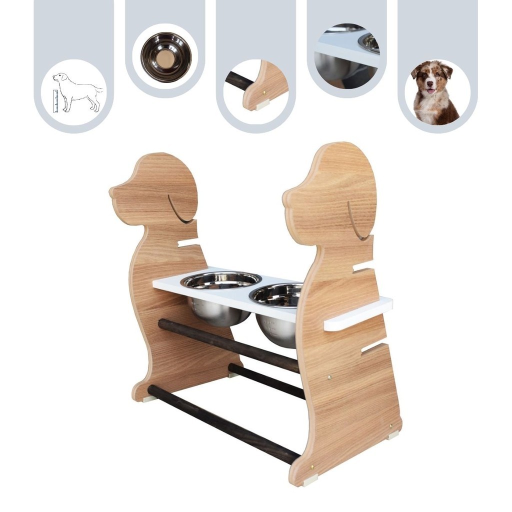Comedouro Elevado Duplo Para Cachorro Porte Grande Pet MDF Regulagem de Altura Amadeirado