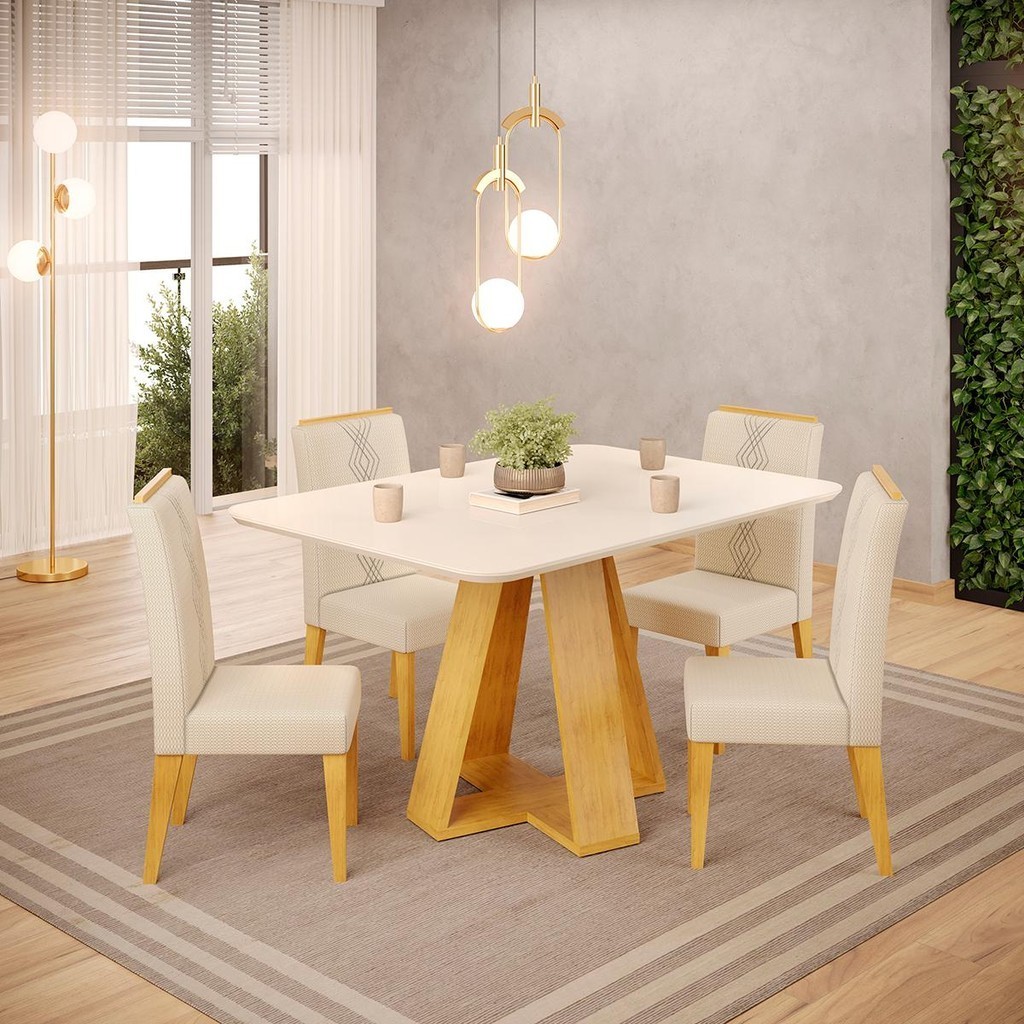 Conjunto Sala de Jantar 4 Cadeiras Tampo de Vidro DJ Móveis Kiara Cedro Yasmin Linho Neve em Oferta na Shopee