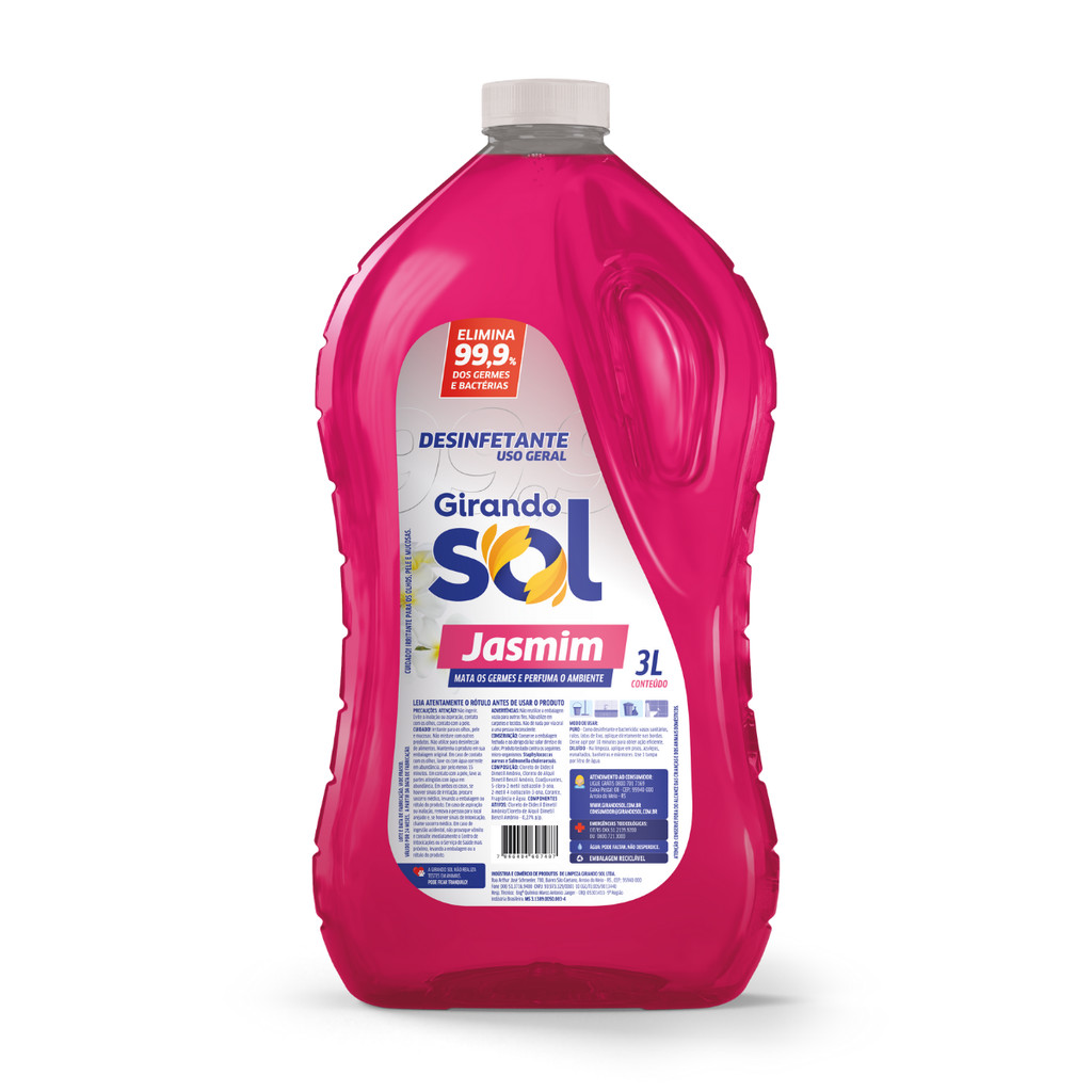 Desinfetante Perfumado Jasmim Girando Sol 3L, Desinfetante Líquido De Uso Geral, Rosa, Elimina 99,9% Dos Germes E Bactér