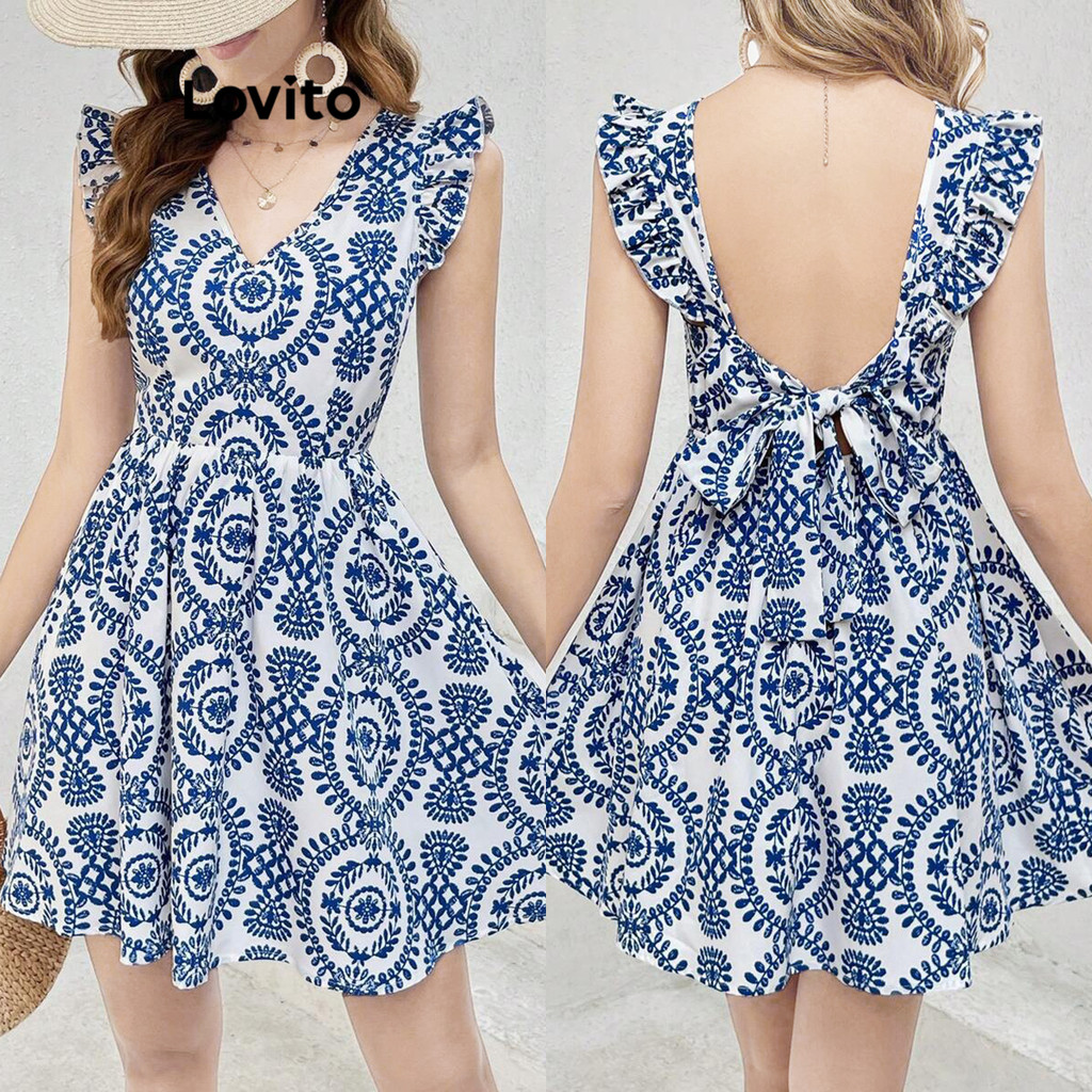Lovito Boho Paisley Ruffle Tie Back Vestido sem costas para mulheres LNM83177 - Women Clothes