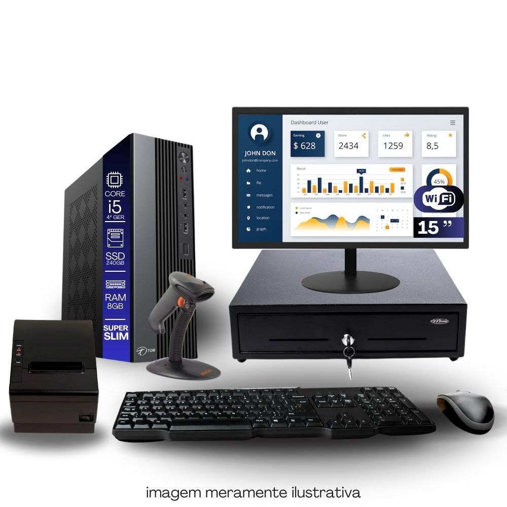 Kit PDV TOB i5 4ªG 8GB SSD 240GB Win11 Rede S/Fio Teclado Mouse Monitor 15" Gvt. Dinheiro  Imp Térmica Leitor Cód Barras