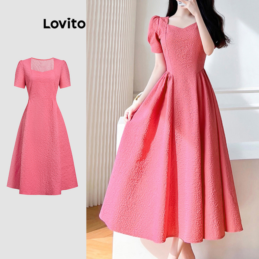 Lovito Vestido Elegante Liso Franzido Vestido De Verão/Primavera Para Mulheres L120ED1225 - Women Clothes