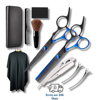 Tesoura Corte Cabelo Profissional Kit Barbeiro Aço Inox Pente Desfiadeira em Oferta na Shopee