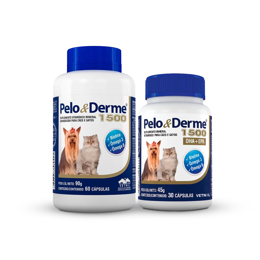 Pelo e Derme 1500 Suplemento omega 3 e 6 dermatite 30 ou 60 cápsulas