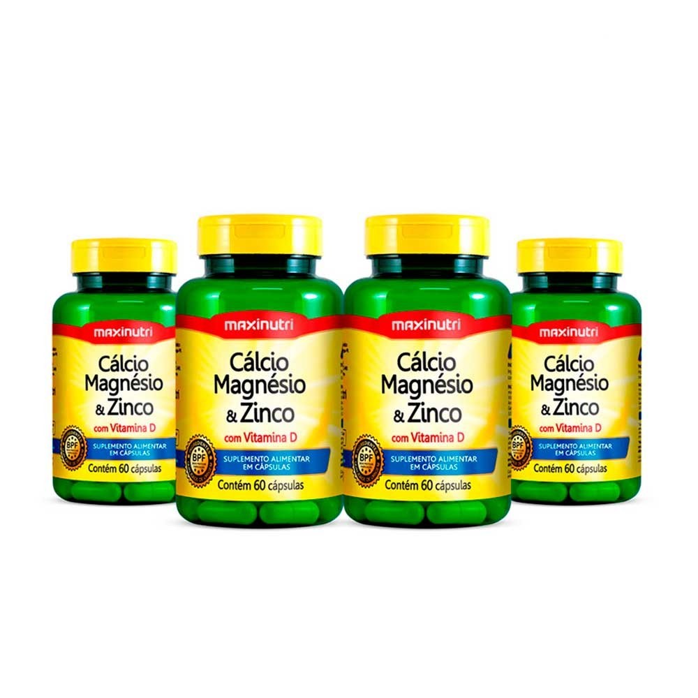Kit 4 Cálcio Magnésio Zinco e Vitamina D 60 Cápsulas Maxinutri