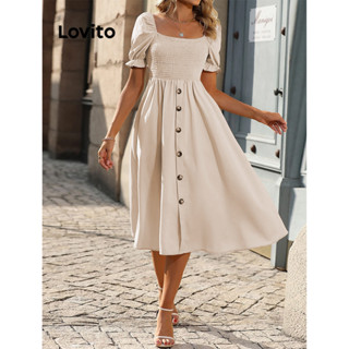 Lovito Casual Vestido Bata Feminino Simples com Botão Frontal LBL07187