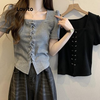 Lovito Camiseta Feminina Casual Com Gravata Lisa Na Frente LNE37001 (Cinzento Preto)