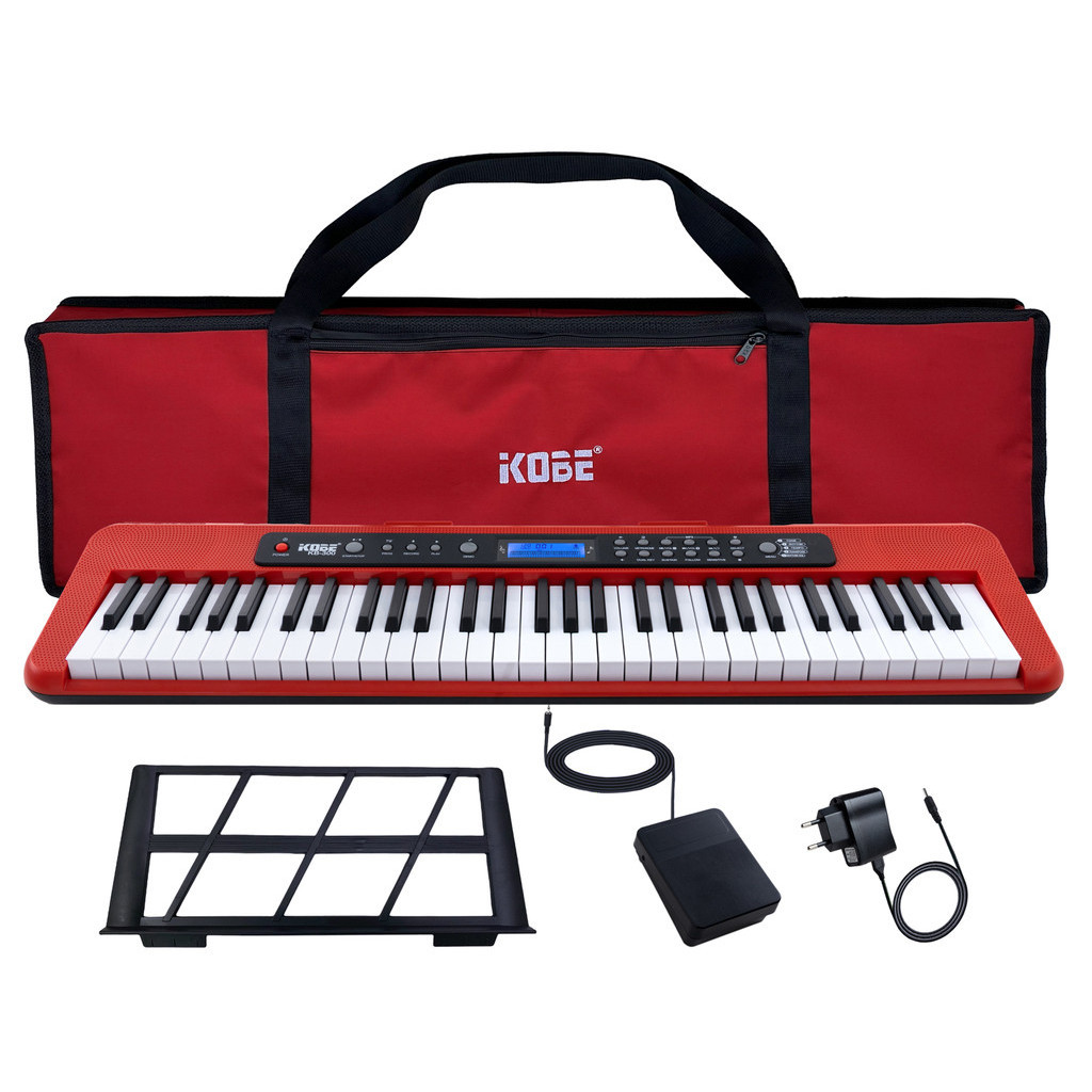 Kit Teclado Musical  Kobe KB-300 5/8 61 Teclas Sensíveis ao Toque com Pedal Sustain e Capa Vermelha