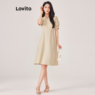Lovito Elegante Vestido Feminino Liso Plissado L71ED175 (Cáqui Claro)