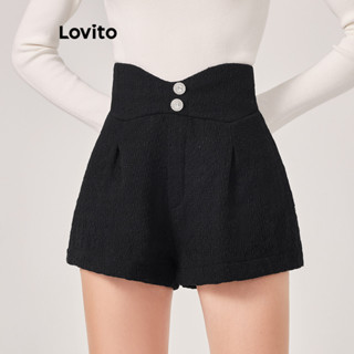 Lovito Elegante Shorts Feminino Liso Assimétrico com Botão L71ED091 (Branco/Preto)