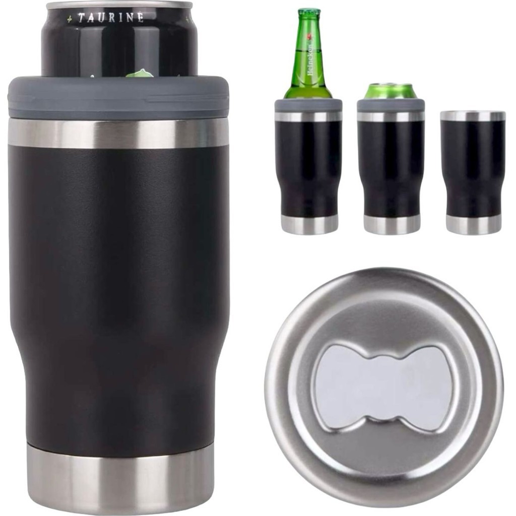 Copo Termico Portatil com Abridor com 2 Tampas copo térmico com 2 tampas, para garrafa 300ml romaribha porta copa e garrafa 300ml long neck  Multiuso e 8 em1 Inox