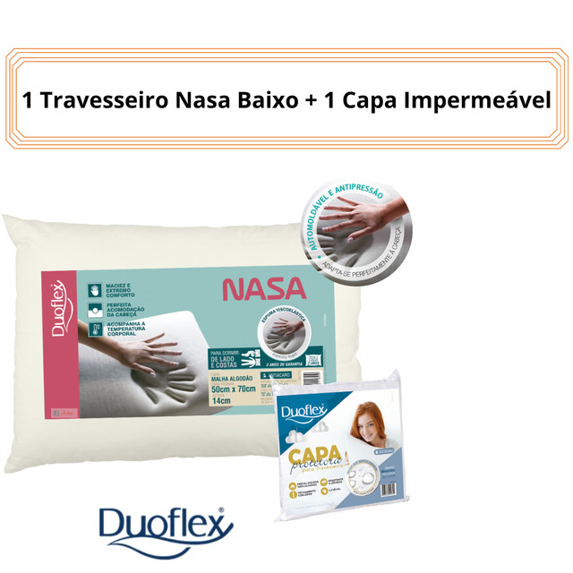 Kit 1 Travesseiro Nasa Baixo + 1 Capa Impermeável Duoflex - Antiácaro - Proteção contra Líquidos - Espuma Viscoelástica