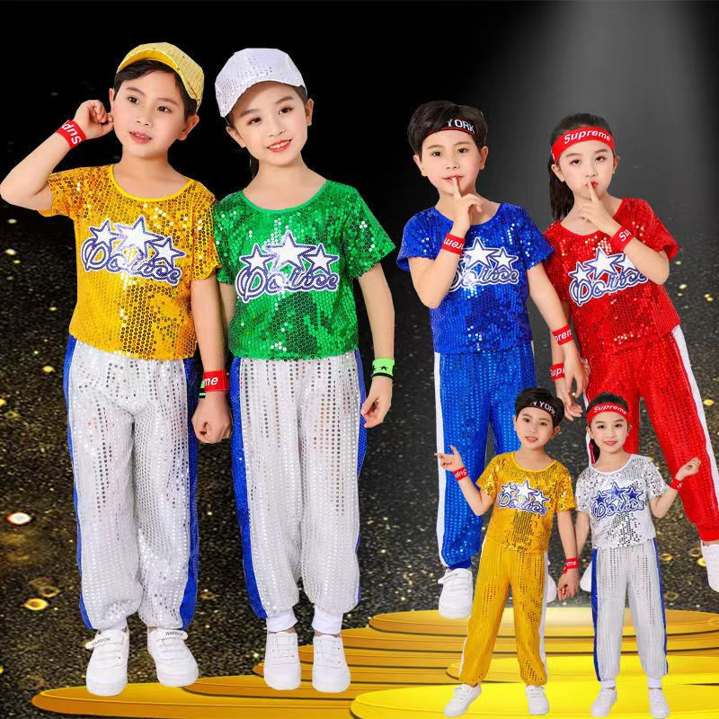 Crianças Brilhantes Lantejoulas Topos Calças Conjunto Dourado Manga Curta Camisetas Hip-hop jazz Dança Desempenho Roupas