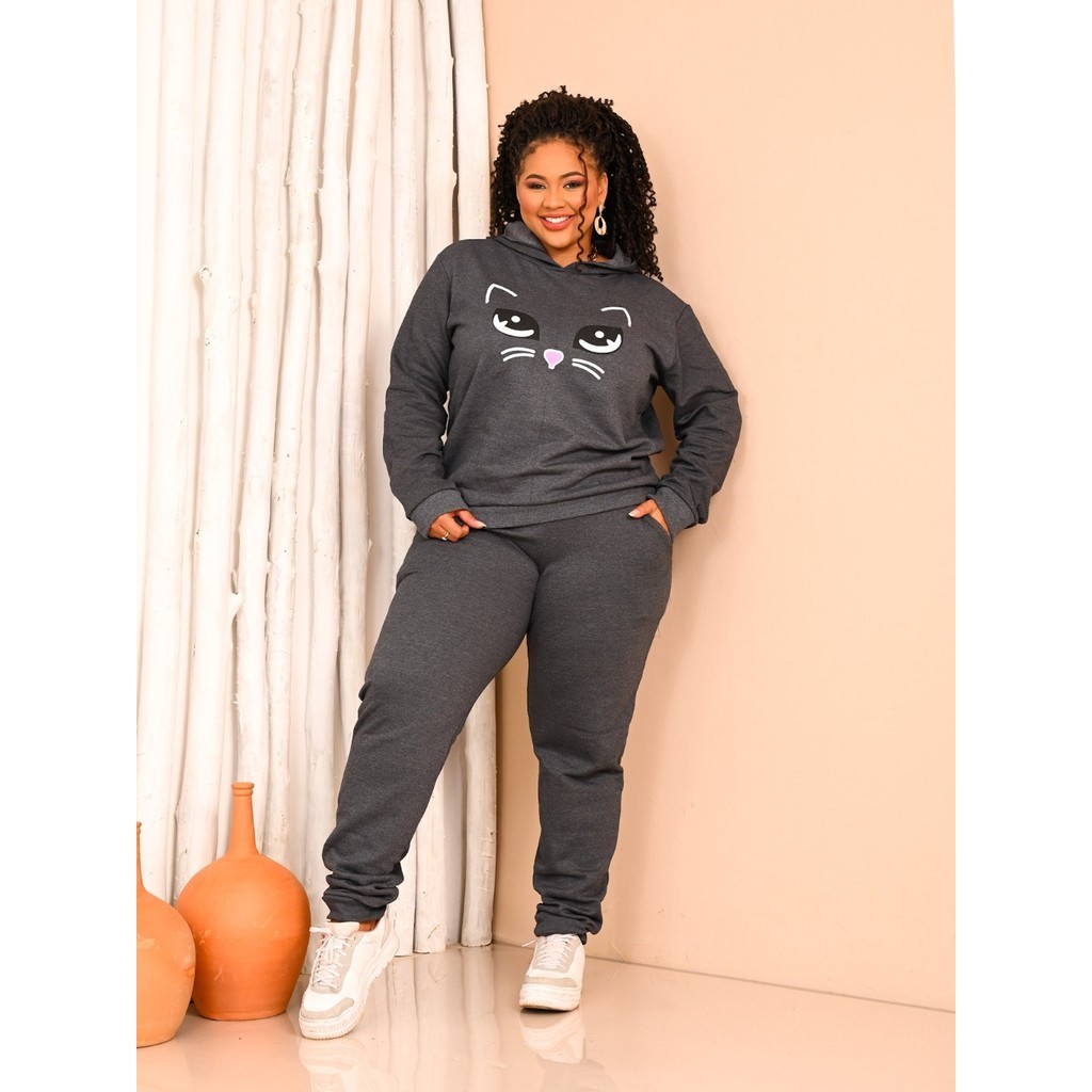 Conjunto De Moleton Feminino Flanelado Plus Estampa Gatinho Com Capuz