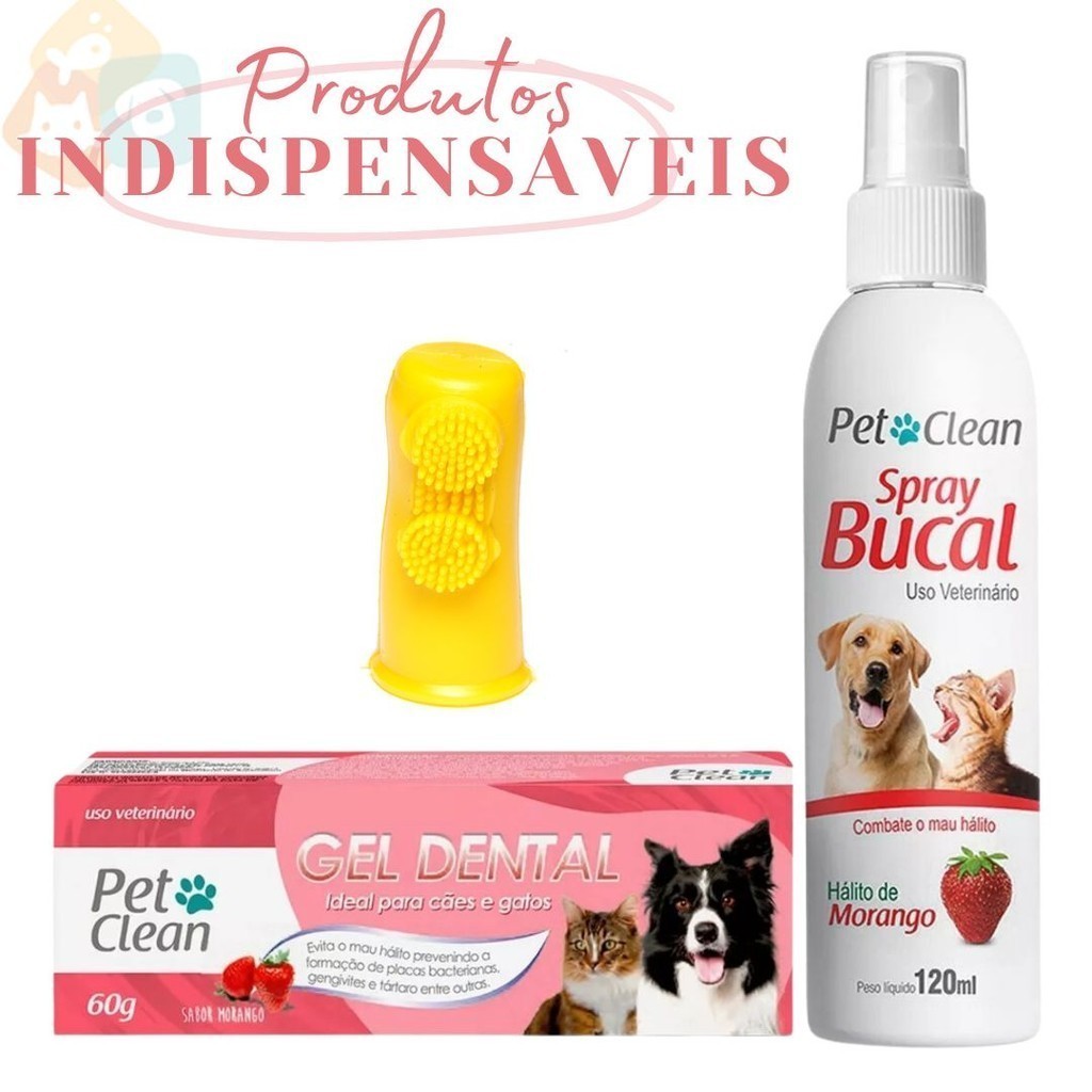 Kit Creme Dental + Spray Bucal + Escova Dedeira Pet Clean