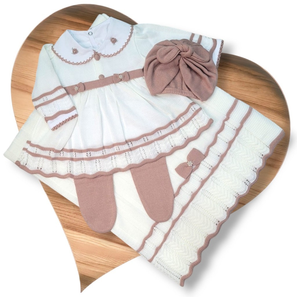 Saída Maternidade Vestido Tricô Bebê Laço Off/Rosê