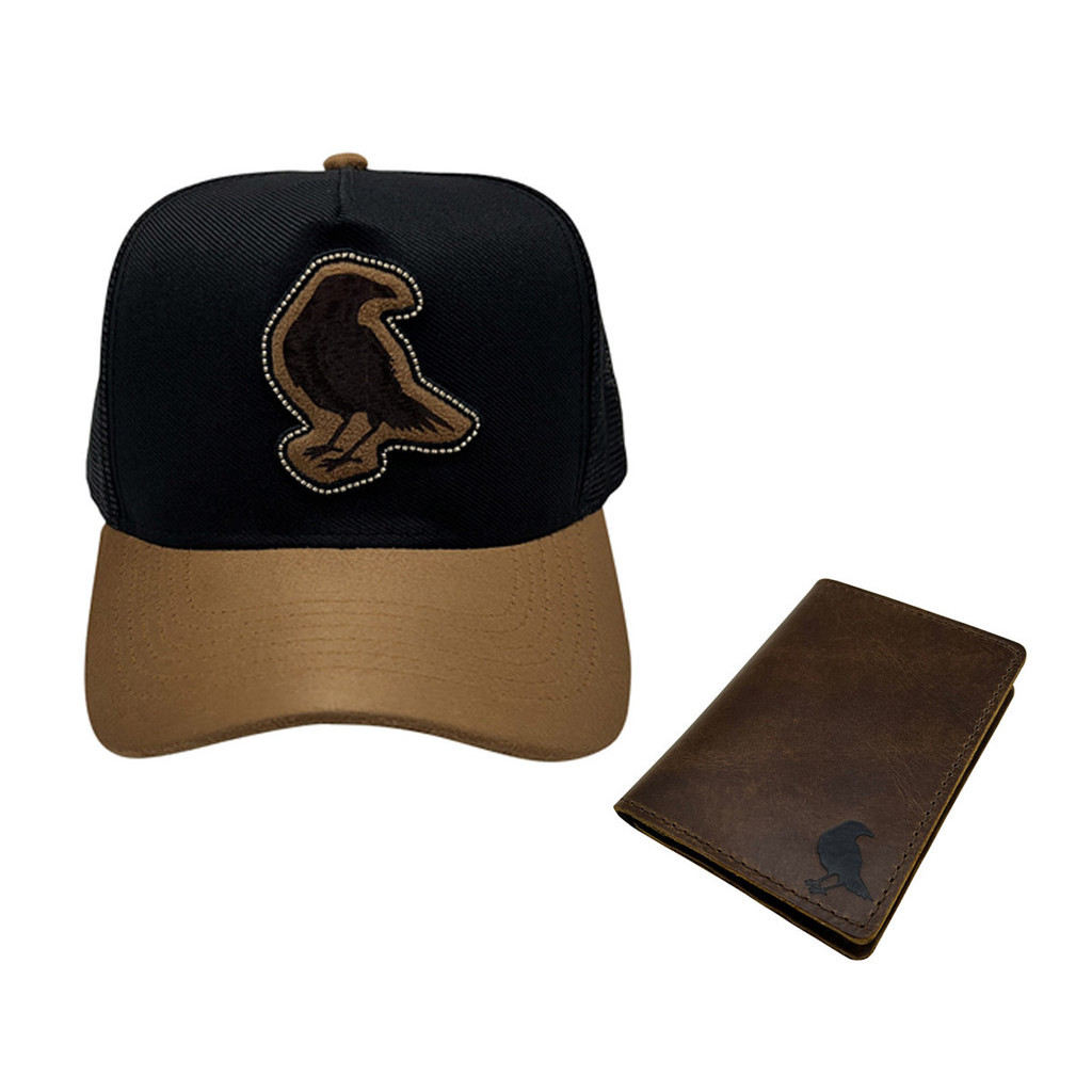 Boné Trucker Country Camurça Agro Tela Bordado E Carteira Vertical Couro Original Marrom