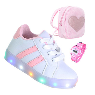 Kit Tenis Infantil Com Luz Brilhante Rosa Menina + Mochila e Relogio