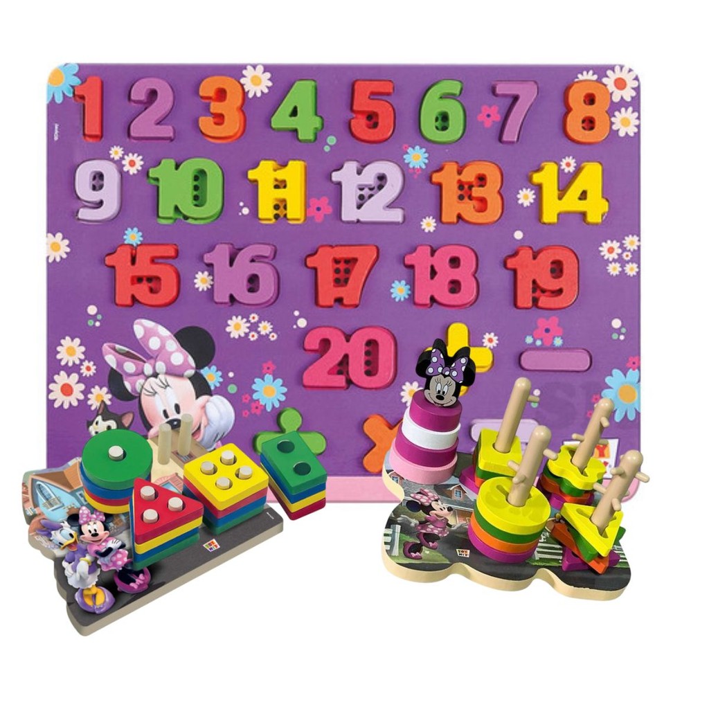 Kit Pedagógico Escolar Professores Minnie Mouse Disney Placa Mdf Números Coloridos Encaixe Forma 22 e 17 Peças Conjunto