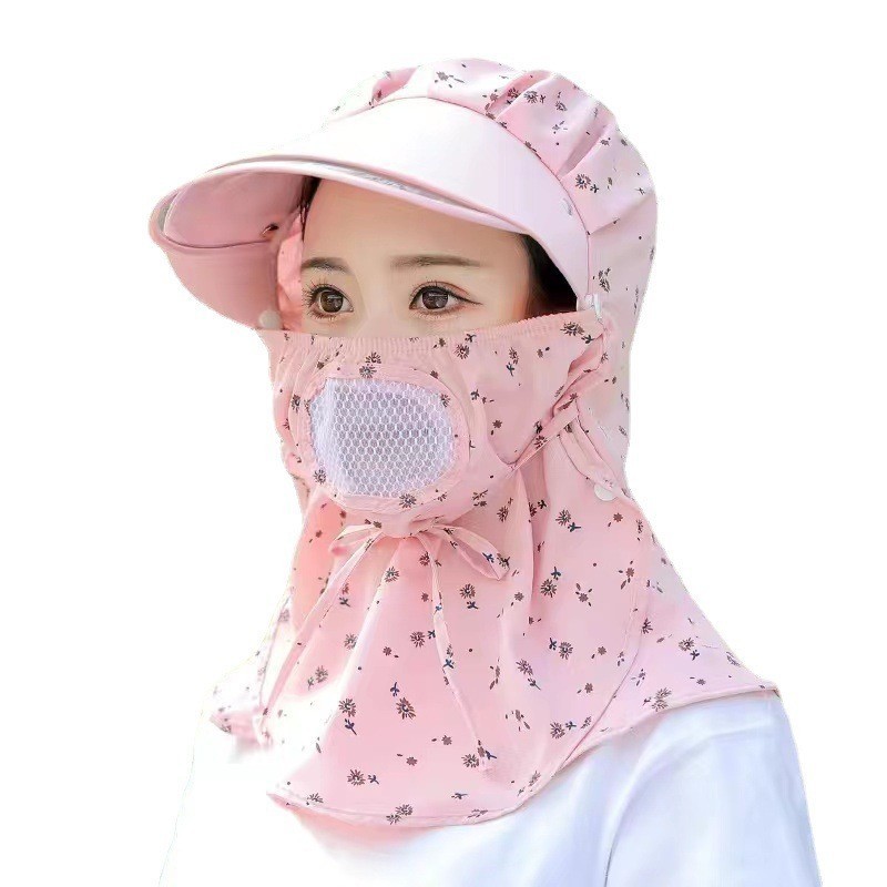 Chapéu de sol grande de aba larga para mulheres de verão, chapéu de sol integrado com máscara, xale, chapéu de sol