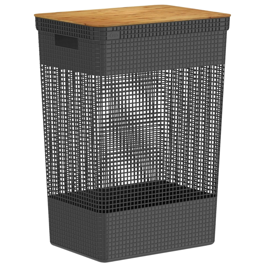 Cesto Organizador De Roupas Lavanderia Área De Serviço Banheiro Quarto Tampa Em Bambu 49l Preto Ou em Oferta na Shopee
