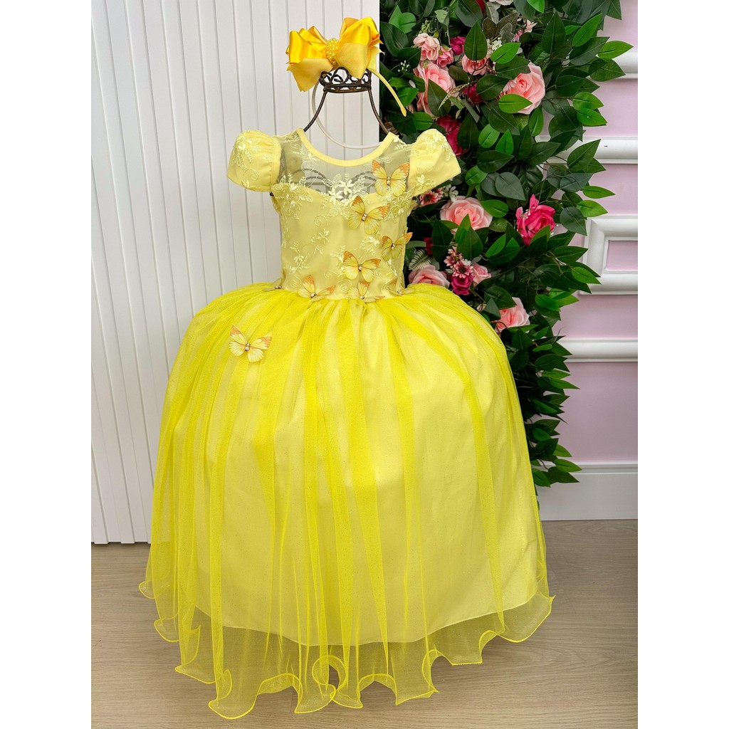 Vestido Vila Lele Longo Jardim Encantado Borboletas Amarelo Casamento Formatura Noiva Batizado Elegante Luxo Clássico