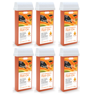 6 Ceras Refil Roll On Depilflax Mamão 100g