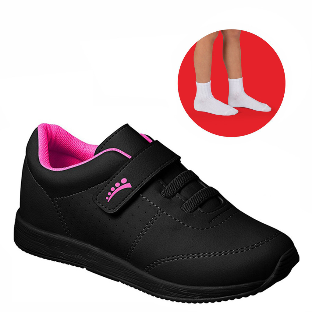Tênis Infantil Ortopasso Jogging Menina Preto com Pink Kit com 1 par de meia Meia Escolar Básico em Oferta na Shopee