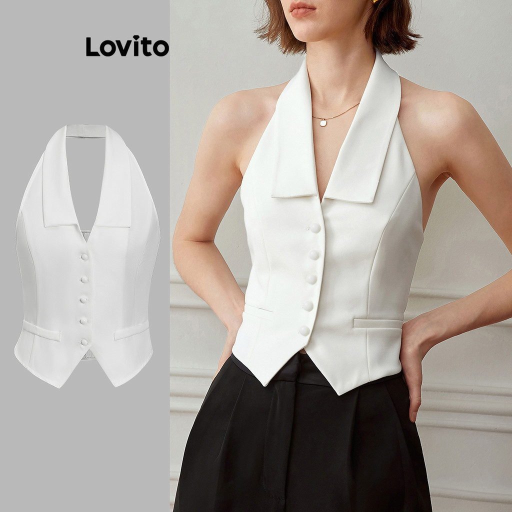 Lovito Casual Regata com Botões na Frente Simples para Mulheres L77ED456
