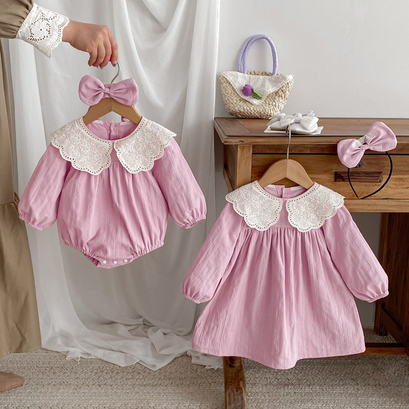 Bebê menina doce bebê macacão menina vestido de manga longa irmãs vestido VS7J