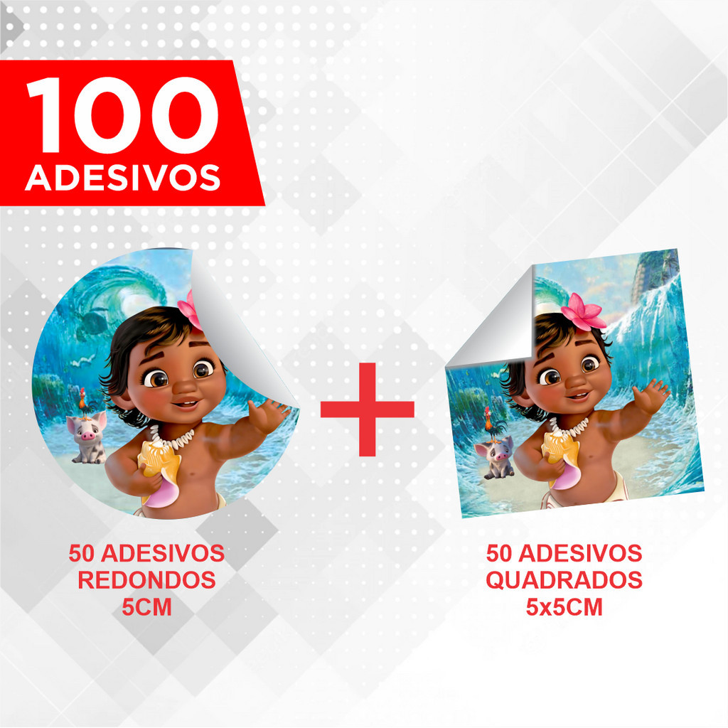 kit festa Moana - 100 Adesivos 5x5cm (50un Redondos + 50un Quadrados) Festa Moana Baby