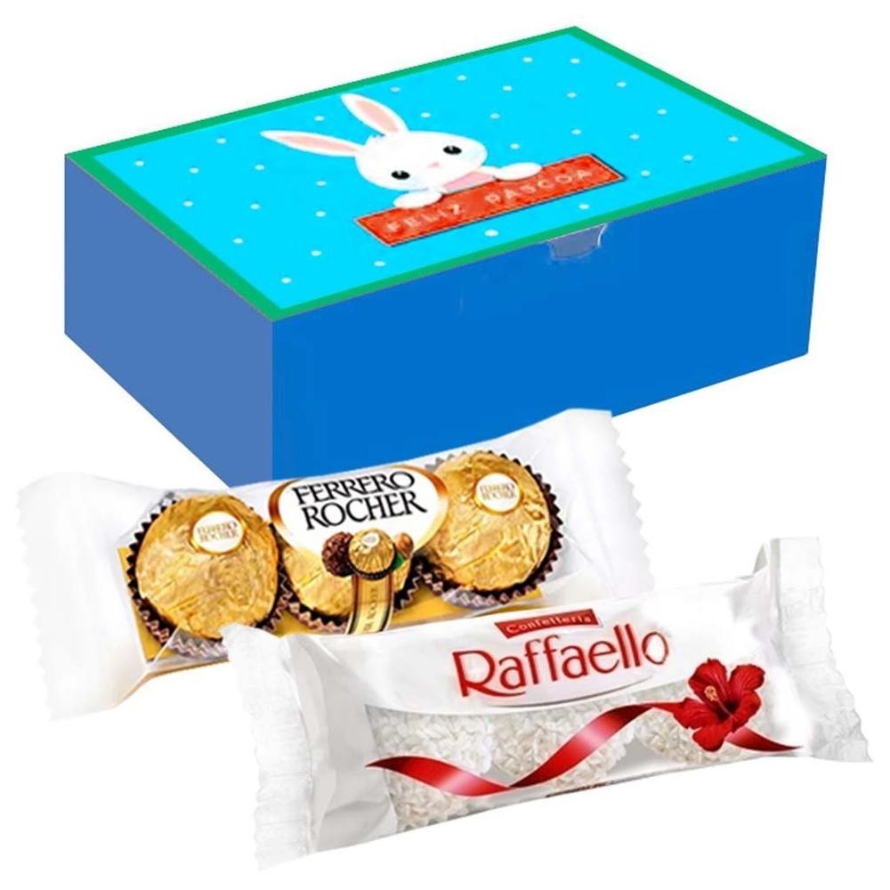 Kit Páscoa Lembrancinha - Caixa Coelho Estampas Variadas + Ferrero Rocher ou Raffaello ESCOLHA SEU FAVORITO