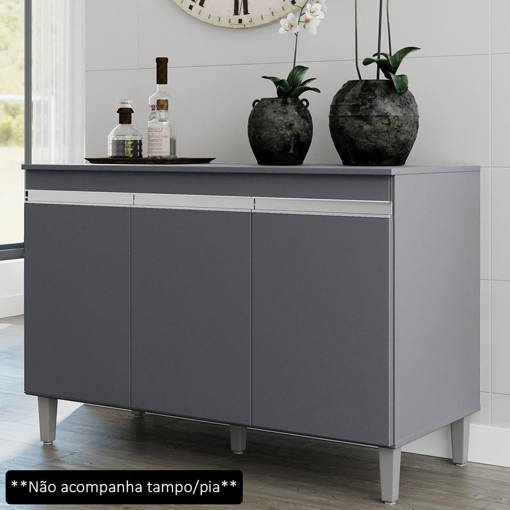 Balcão Gabinete Para Pia 120cm 3 Portas Sem Tampo Manu Cinza - AJL Móveis em Oferta na Shopee