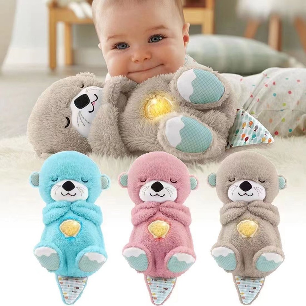 Urso De Respiração Baby Soothing Otter Plush Doll Toy Kids Music Sleeping Companion Som E Light