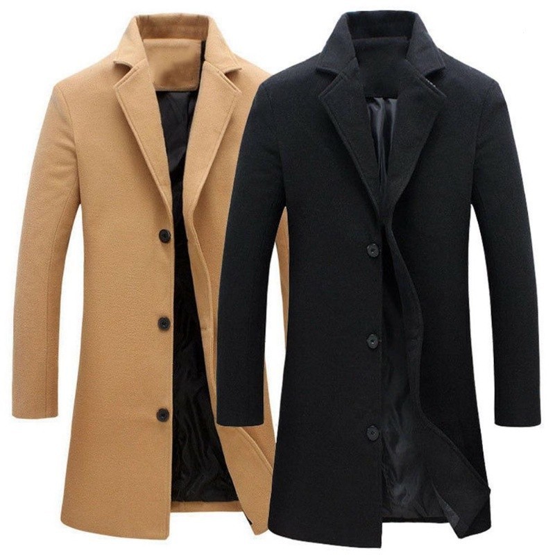 Casaco Longo De Lapela De Lã Masculino Da Moda De Primavera De Outono De Cor Sólida