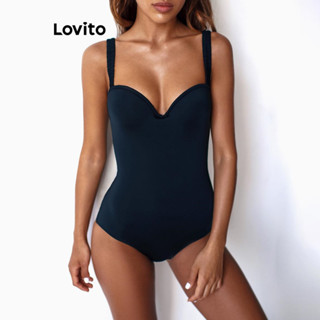 Lovito Maiô Sexy Liso Básico De Uma Peça Para Mulheres LNL37051 (Branco Preto)