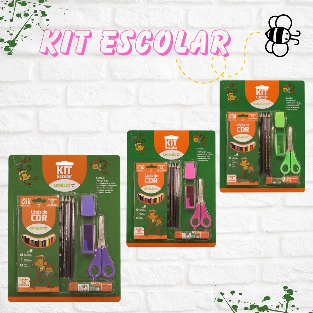 Kit Escolar Completo Com Borracha Lapis Apontador Tesoura Cola Leo Leo