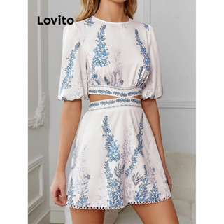 Lovito Elegante Vestido Feminino Florido de Gola Jabô e Costura de Tecido LBL07190