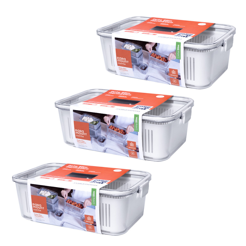Kit 3 Potes Herméticos Slim Multiuso 2570 ML Cesto Drenagem e Tampa Com Trava Organizador Geladeira