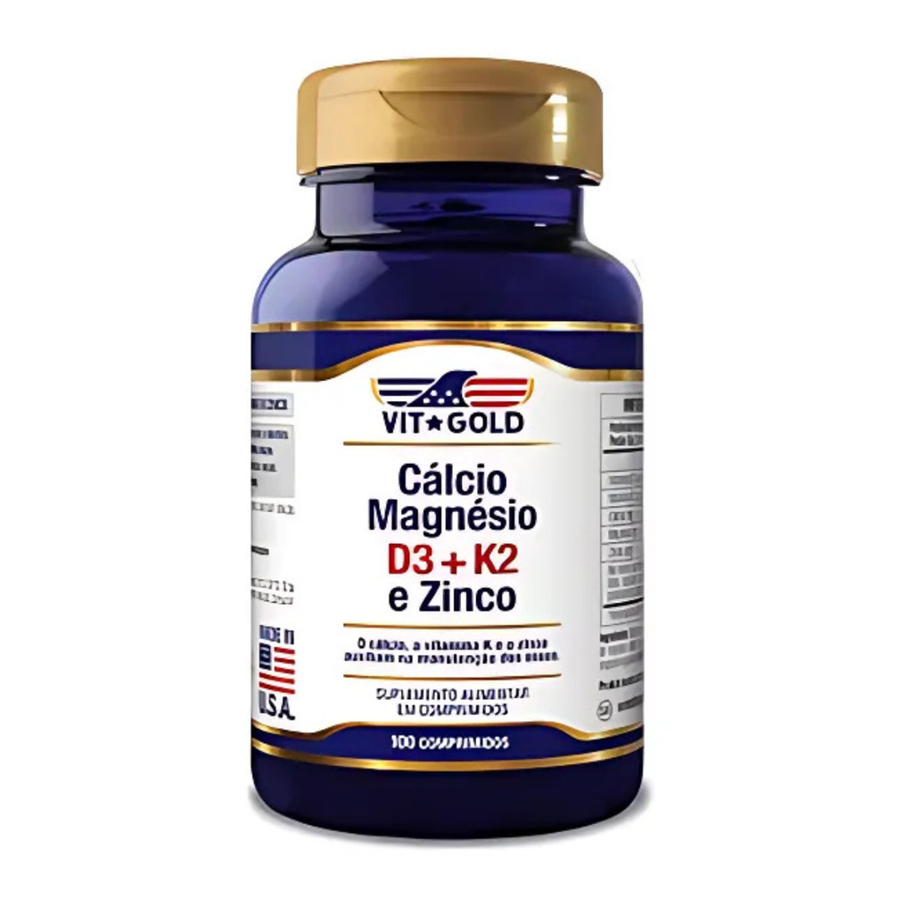 Cálcio Magnésio Zinco com Vitaminas D3 K2 Menaquinona Vitamins Importada Eua 100 Comprimidos Vitgold