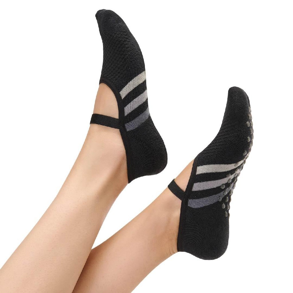 Imagem 1 Par Sapatilha Antiderrapante Preto com Cinza Meia Pilates Yoga Feminina Preta com Faixa Pula pula