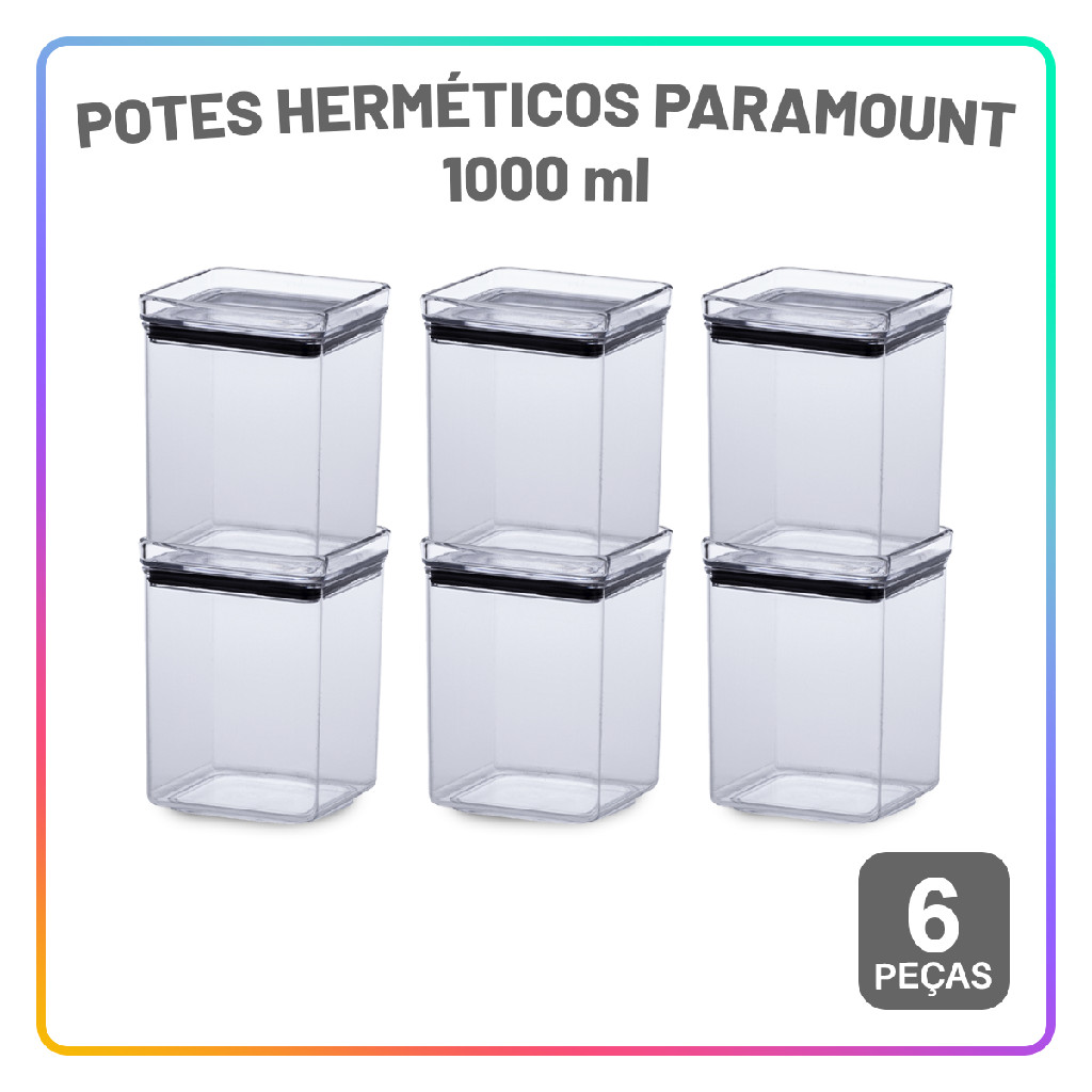Pote Hermético 6 peças 1000ml Conjunto com tampa de 4 Travas para Mantimentos Marmita - Microondas - Home & Living